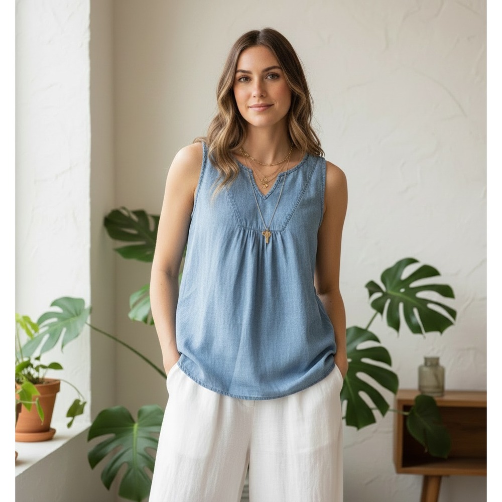 NEW Sonoma S Tank Top Blue Chambray Sleeveless Casual Resort Western Minimalist